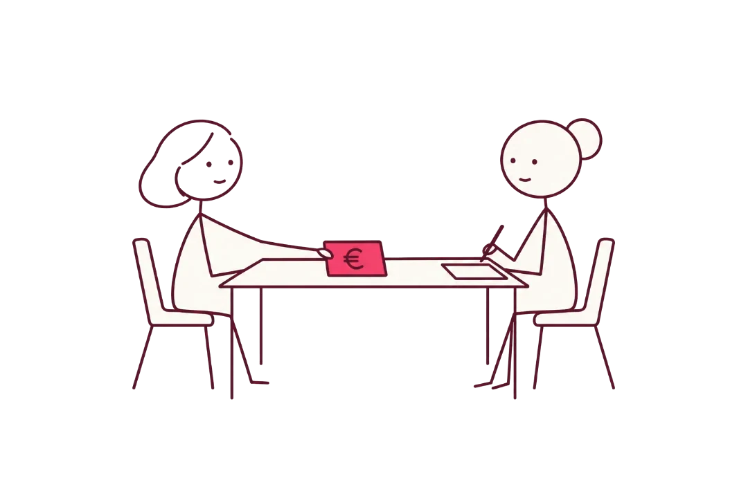 Deux femmes à une table ; la candidate avance une carte marquée du symbole de l'euro.