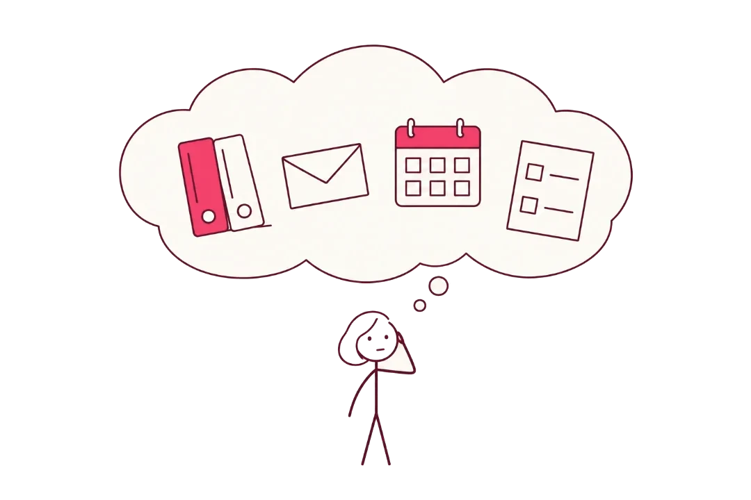 Une femme pensive sous une bulle remplie de classeurs, d'un courrier, d'un calendrier et d'une liste de tâches.