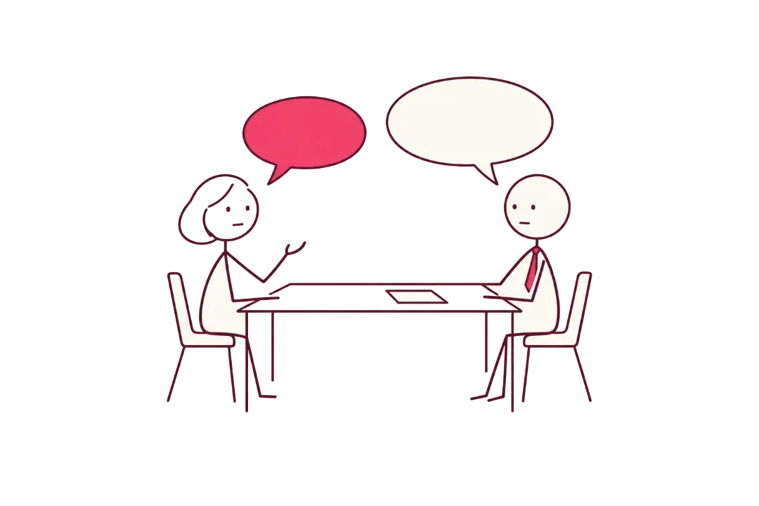 Une femme et un homme de part et d'autre d'une table ; elle parle, la bulle de l'homme est vide.