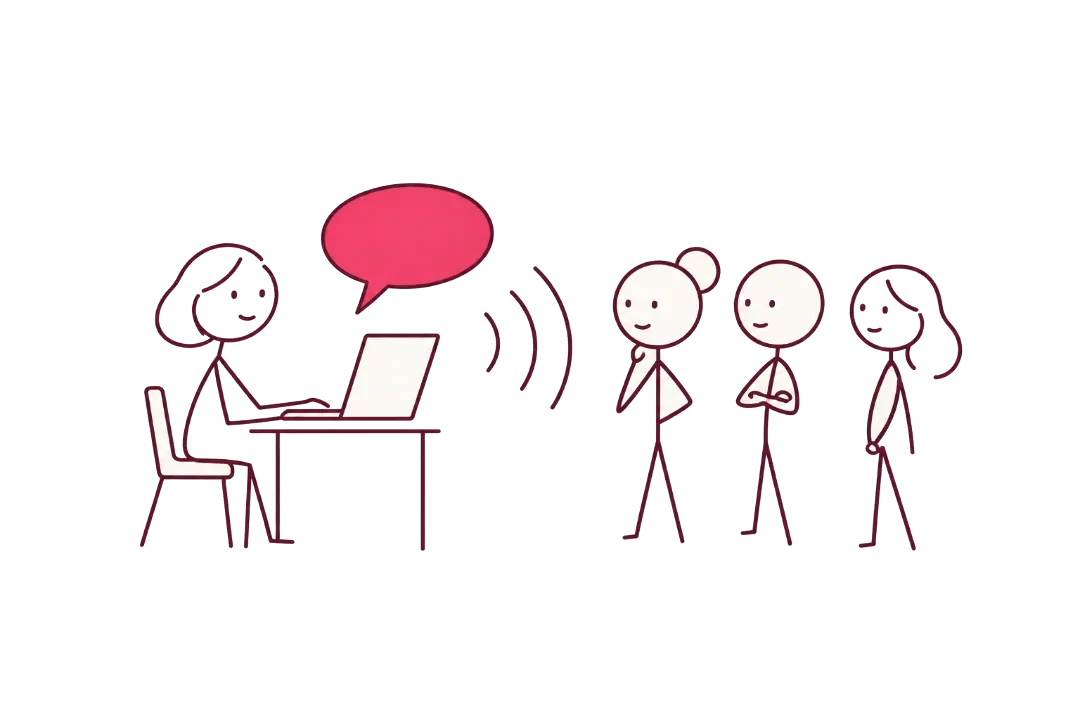 Une femme à son ordinateur ; sa bulle et des ondes atteignent trois personnes.