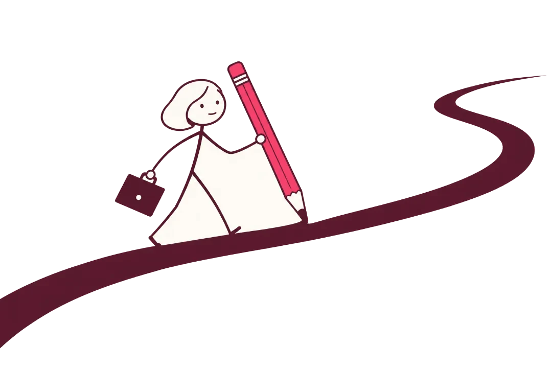 Une femme avec une mallette trace son propre chemin avec un crayon géant.